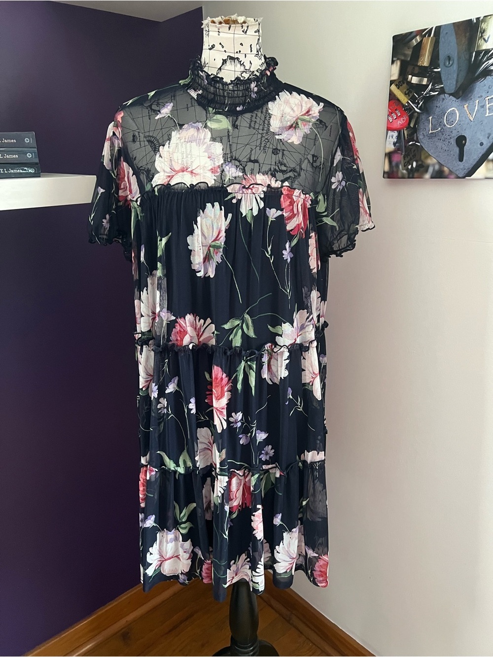 Enfocus Studio Navy Floral Tiered Dress with Sheer Top